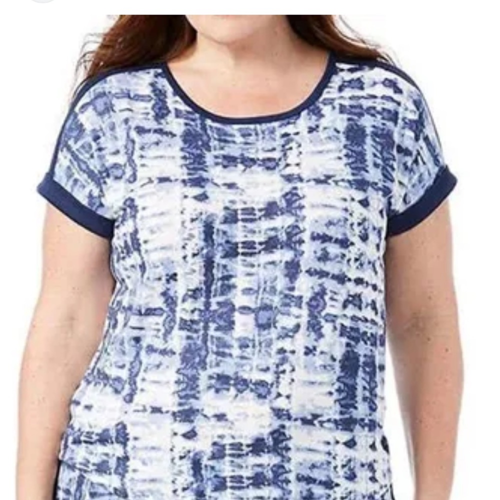 Lucky Brand Soft Short Sleeve Sweater Knit Top, Lightweight Blue Tie-Dye, Size D